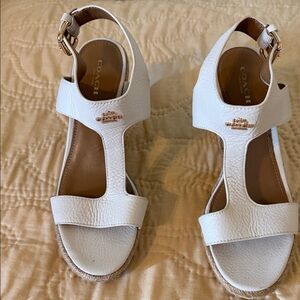 Coach White Leather T-Strap Sandals